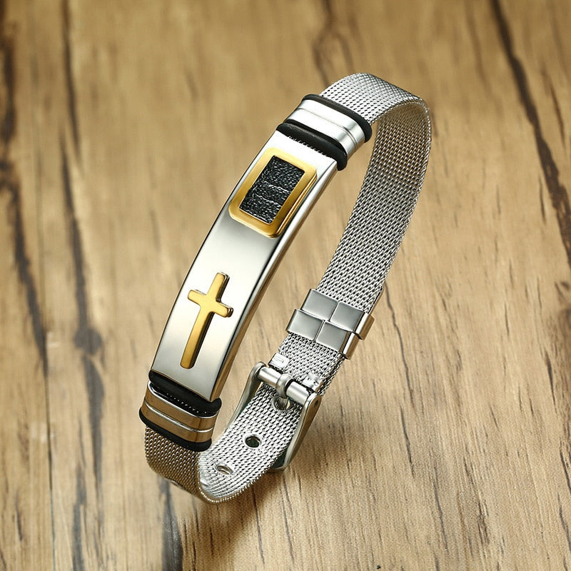 Stainless Steel Adjustable Holy Cross Micro-Mesh Bracelet