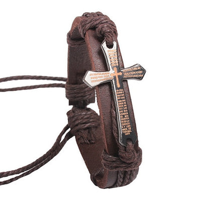 Vintage Leather Metal Cross Faith Bracelet